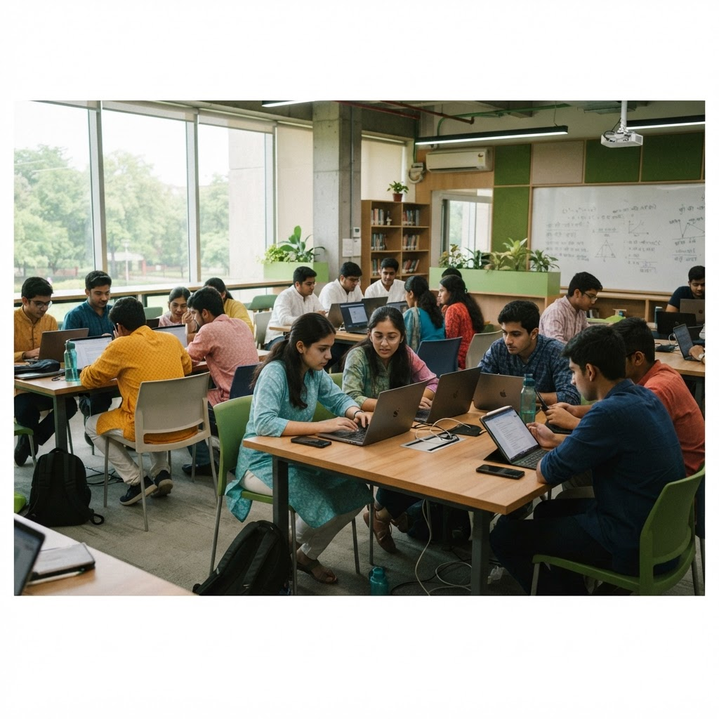 Students learning together with laptops and tablets in a bright classroom