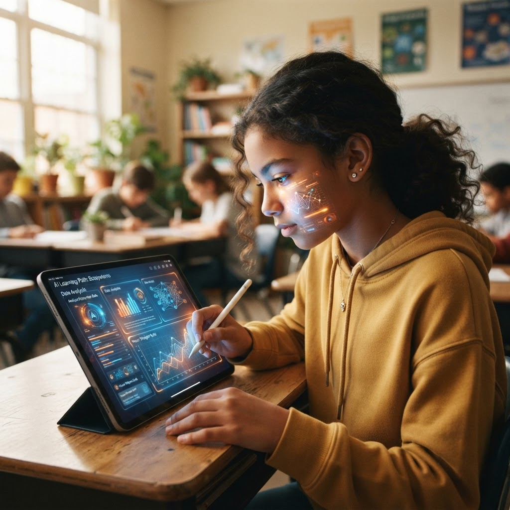 A student learning with an AI-powered tablet interface
