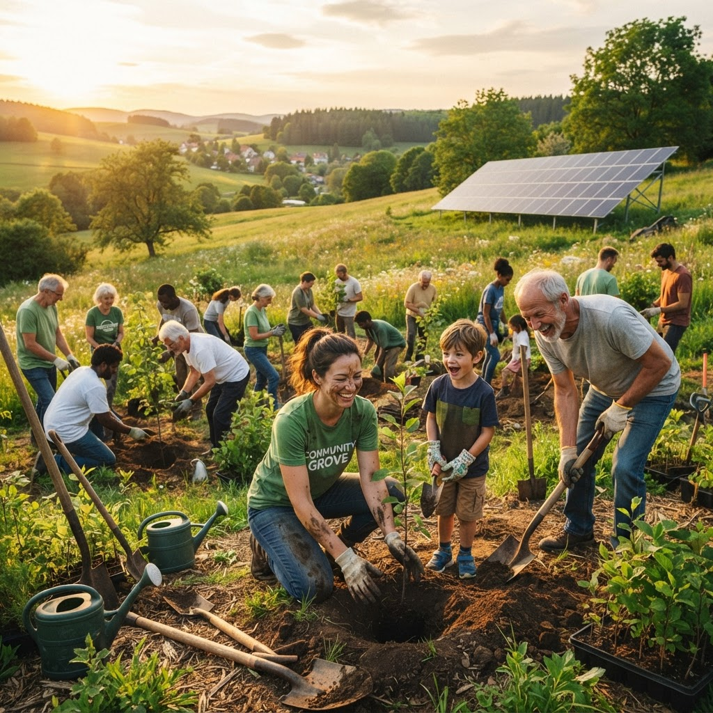 Community members planting trees in a grassroots environmental project