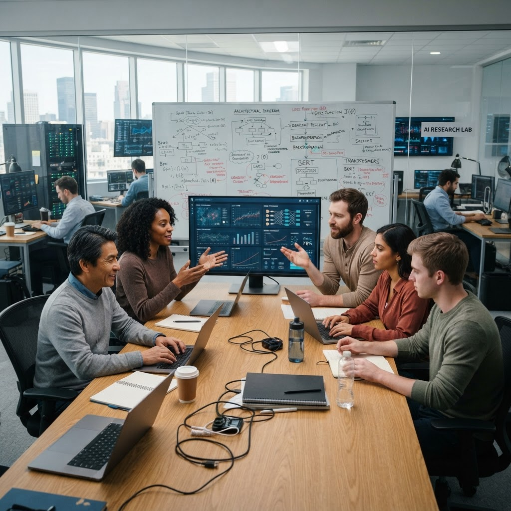 Researchers collaborating in a modern AI research lab