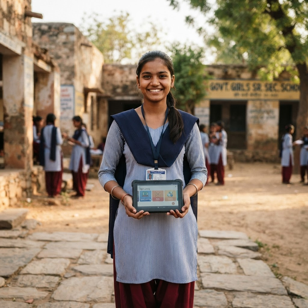 A smiling student holding a tablet in a rural school