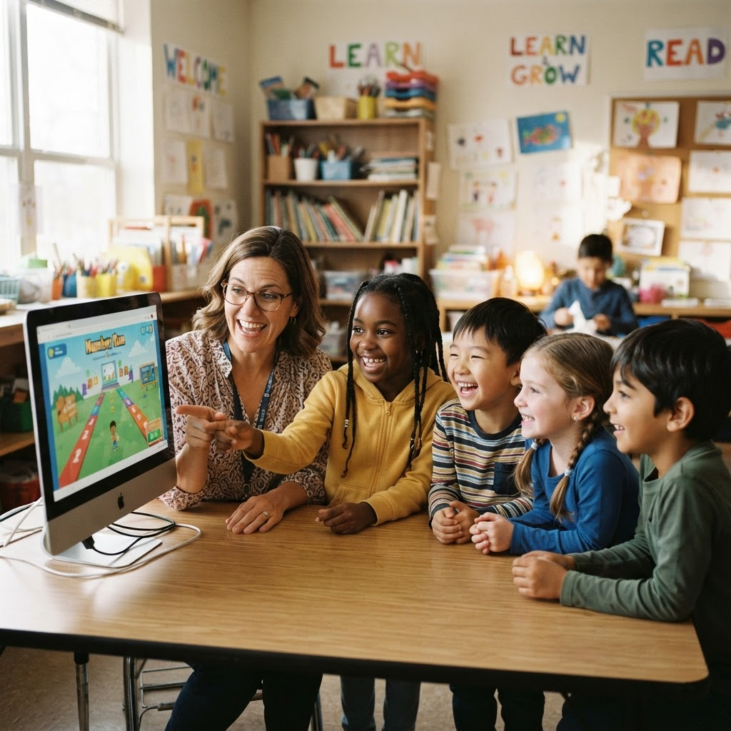 A teacher and students learning together around a computer