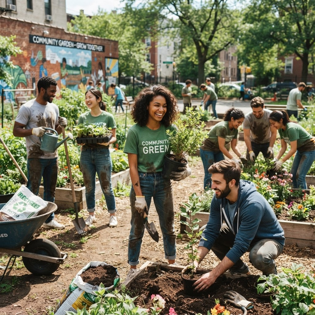 Young volunteers greening a community space