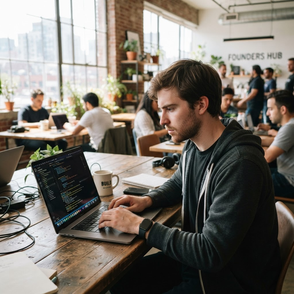A young man coding on a laptop in a co-working space